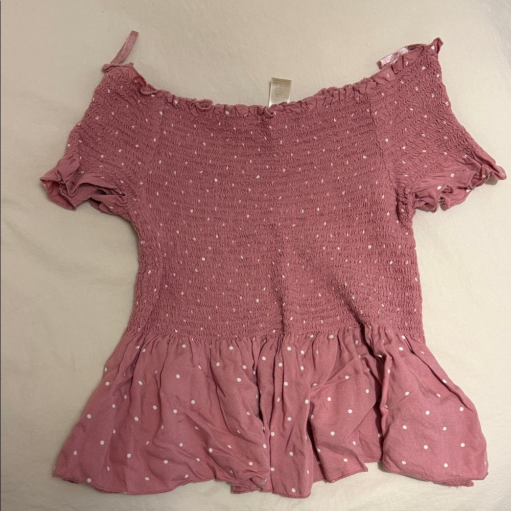 Spring Japna Smocked Peplum Blouse in Dusty Pink with White Dots